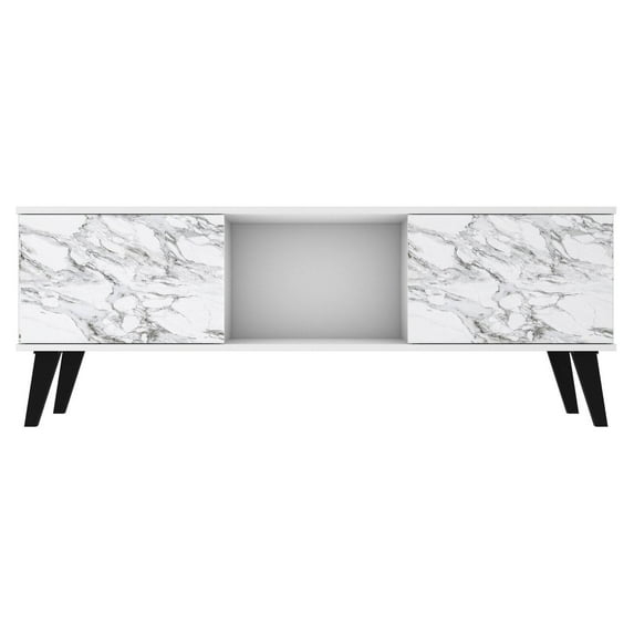 Manhattan Comfort Doyers Wood TV Stand for TVs up to 75" in White/Marble Stamp