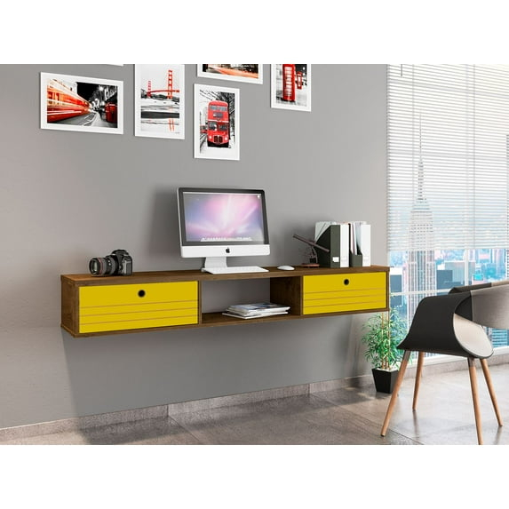 Manhattan Comfort Liberty 62.99 Mid-Century Modern Floating Office Desk with 3 Shelves in Rustic Brown and Yellow