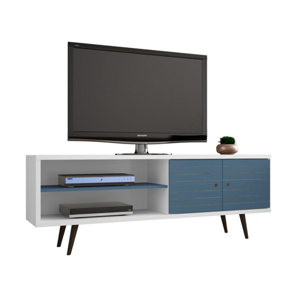 Liberty 62.99" Mid-Century - Modern TV Stand with 3 Shelves and 2 Doors in White and Aqua Blue with Solid Wood Legs