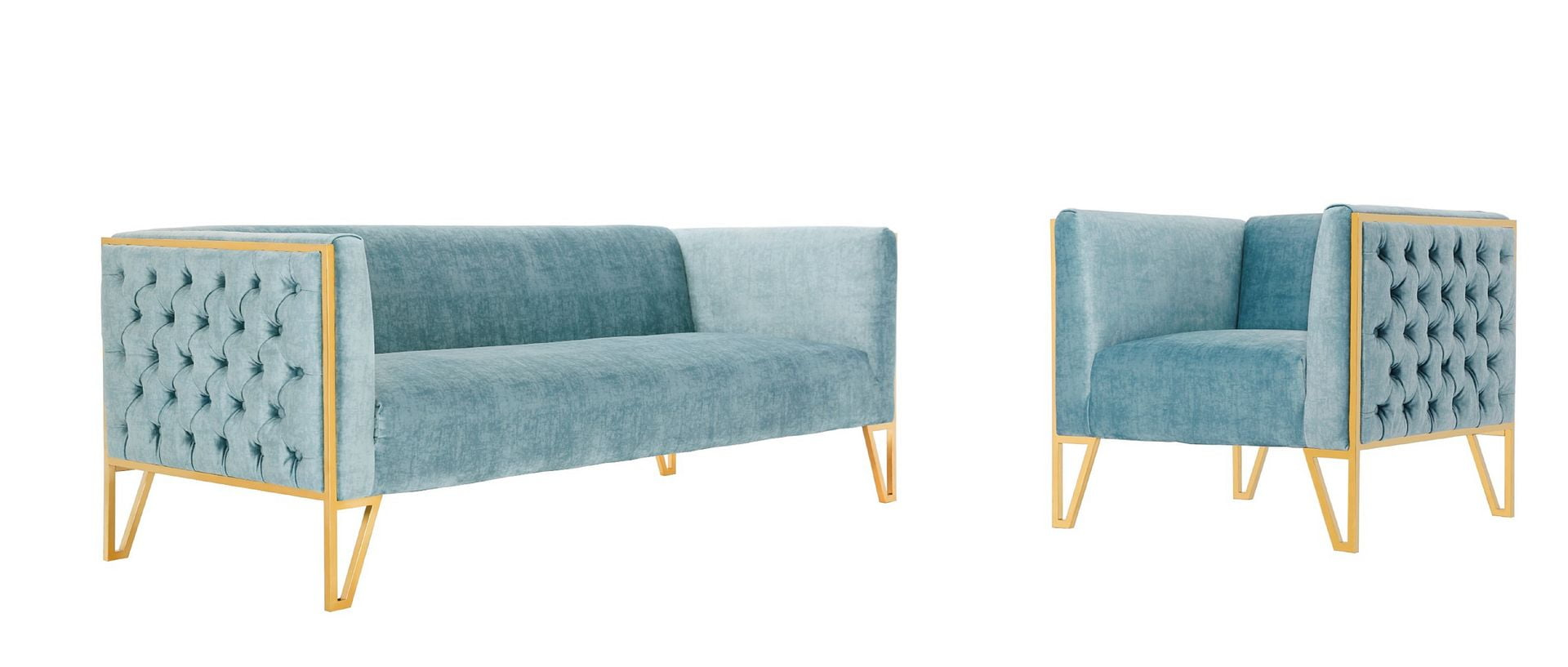 Manhattan Comfort Vector 2-Piece Velvet Sofa Armchair Set in Ocean Blue