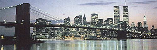 Manhattan Horizonte el Puente y Más Allá 36x12 Póster Impreso Artístico Noche Panorámica Puente Brooklyn Dos Torres Centro de Comercio Mundial Nueva York City Michael Pasdzior