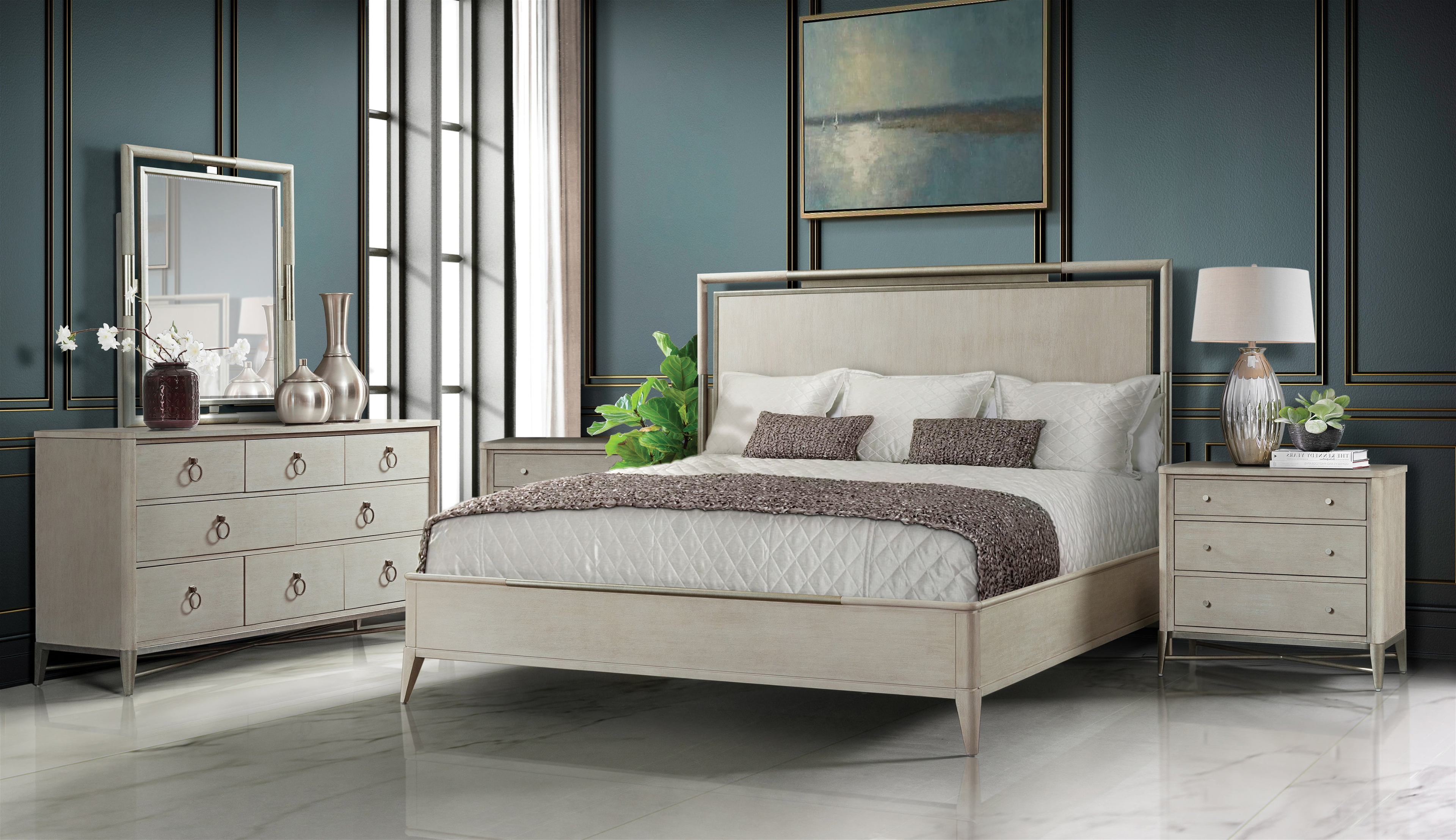 Mantalia Solid Wood Bedroom Set with Metal Frame, King Bed, Dresser, Mirror, and 2 Nightstands, Champagne