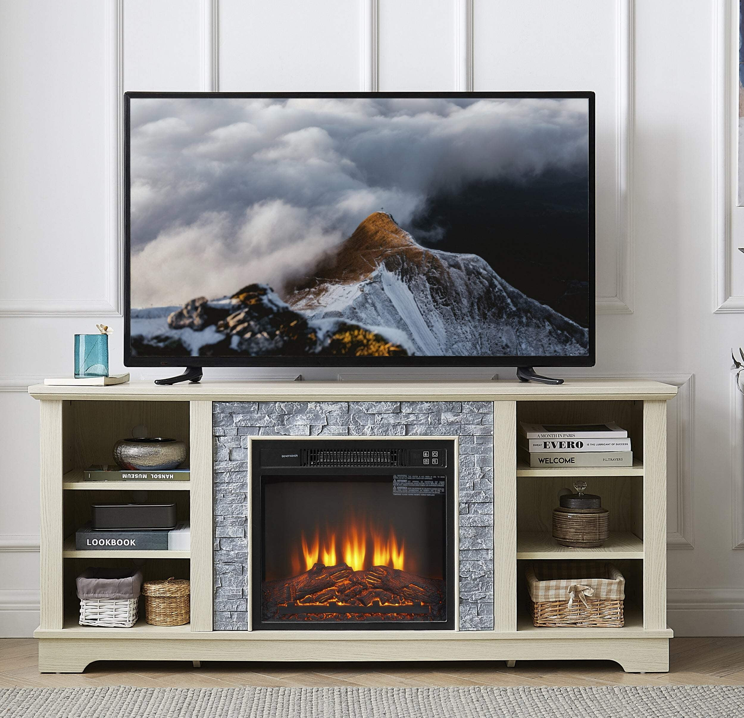 Kepooman Entertainment Stand,TV Stand,TV Media Stand, Modern Entertainment Console Space with 18" Fireplace Insert, White