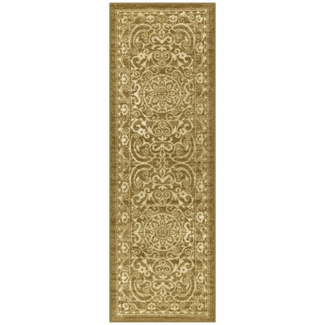 Maples Rugs Pelham Transitional Vintage Scroll Khaki Washable Hallway Runner Rug, 2' x 6'