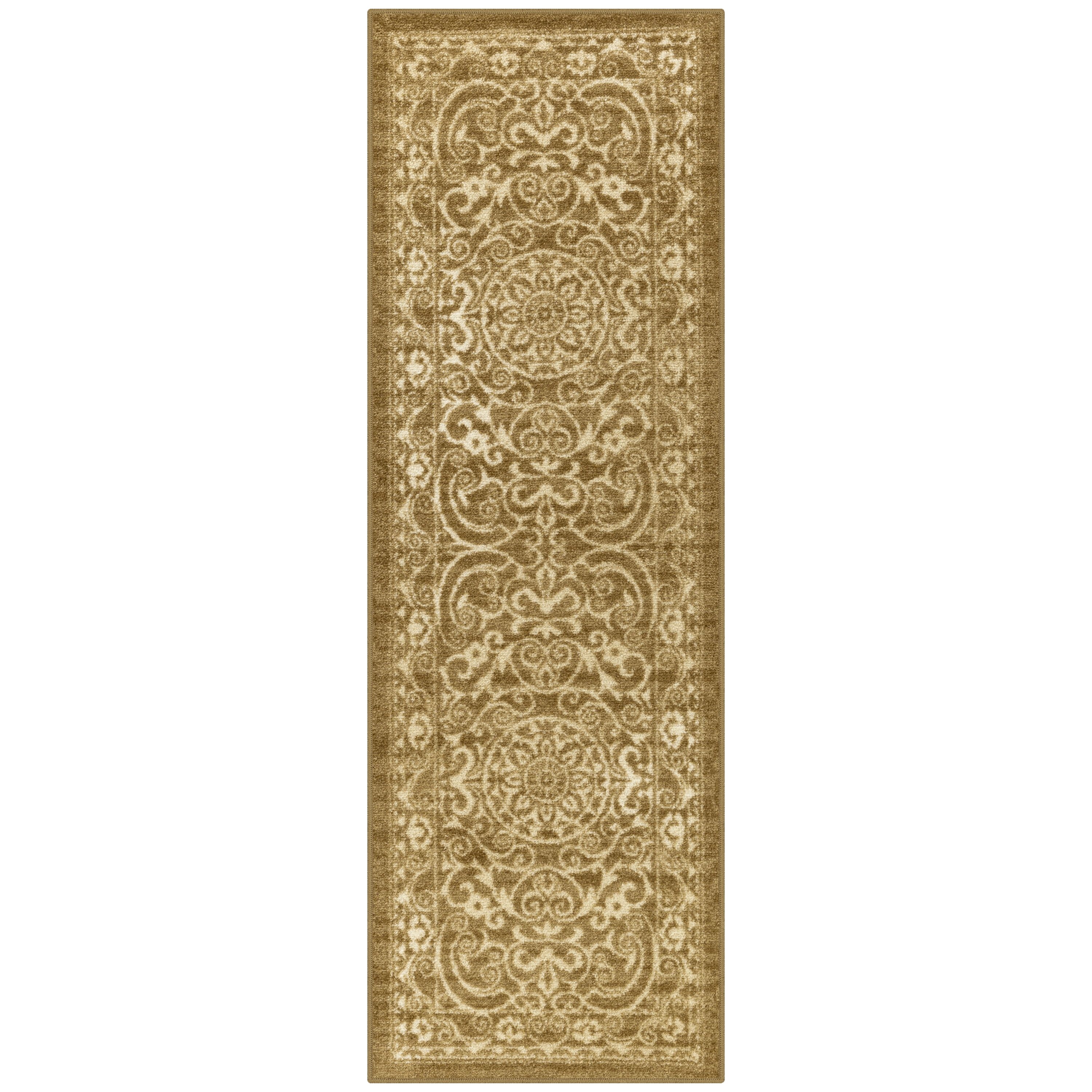 Maples Rugs Pelham Transitional Vintage Scroll Khaki Washable Hallway Runner Rug, 2' x 6'