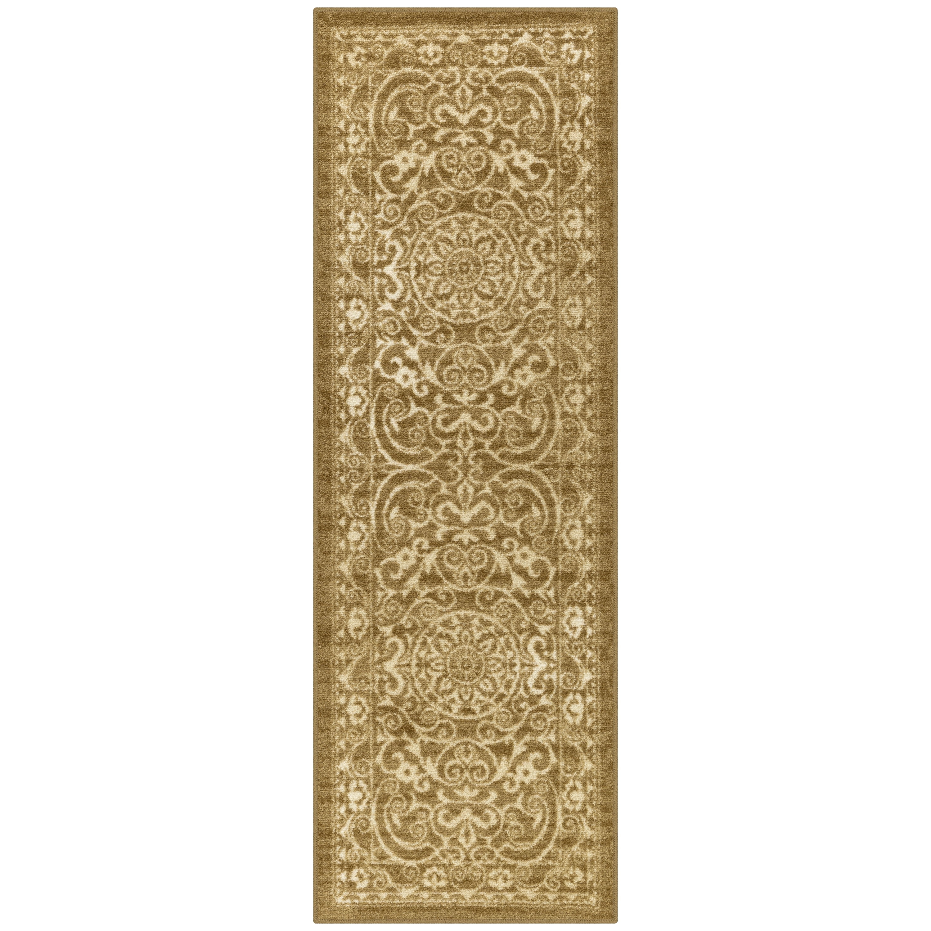 Maples Rugs Pelham Transitional Vintage Scroll Khaki Washable Hallway Runner Rug, 2' x 6'