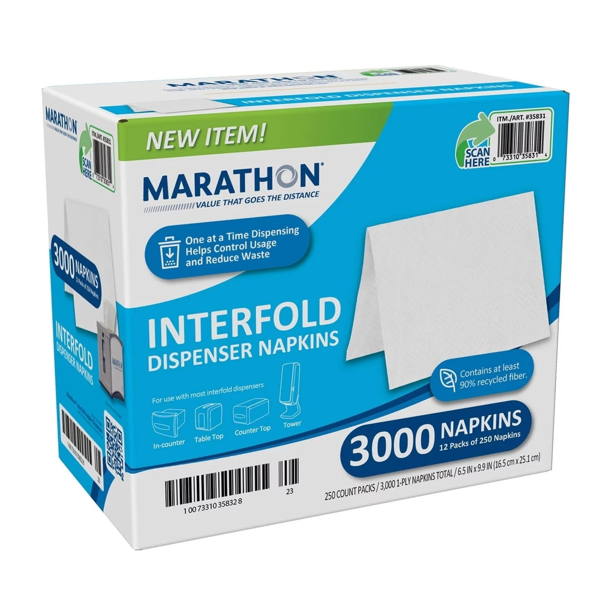 Marathon Interfold 1-Ply Napkins, White, 3000 Per Case (250 Napkins/Pk, 12 Pack)