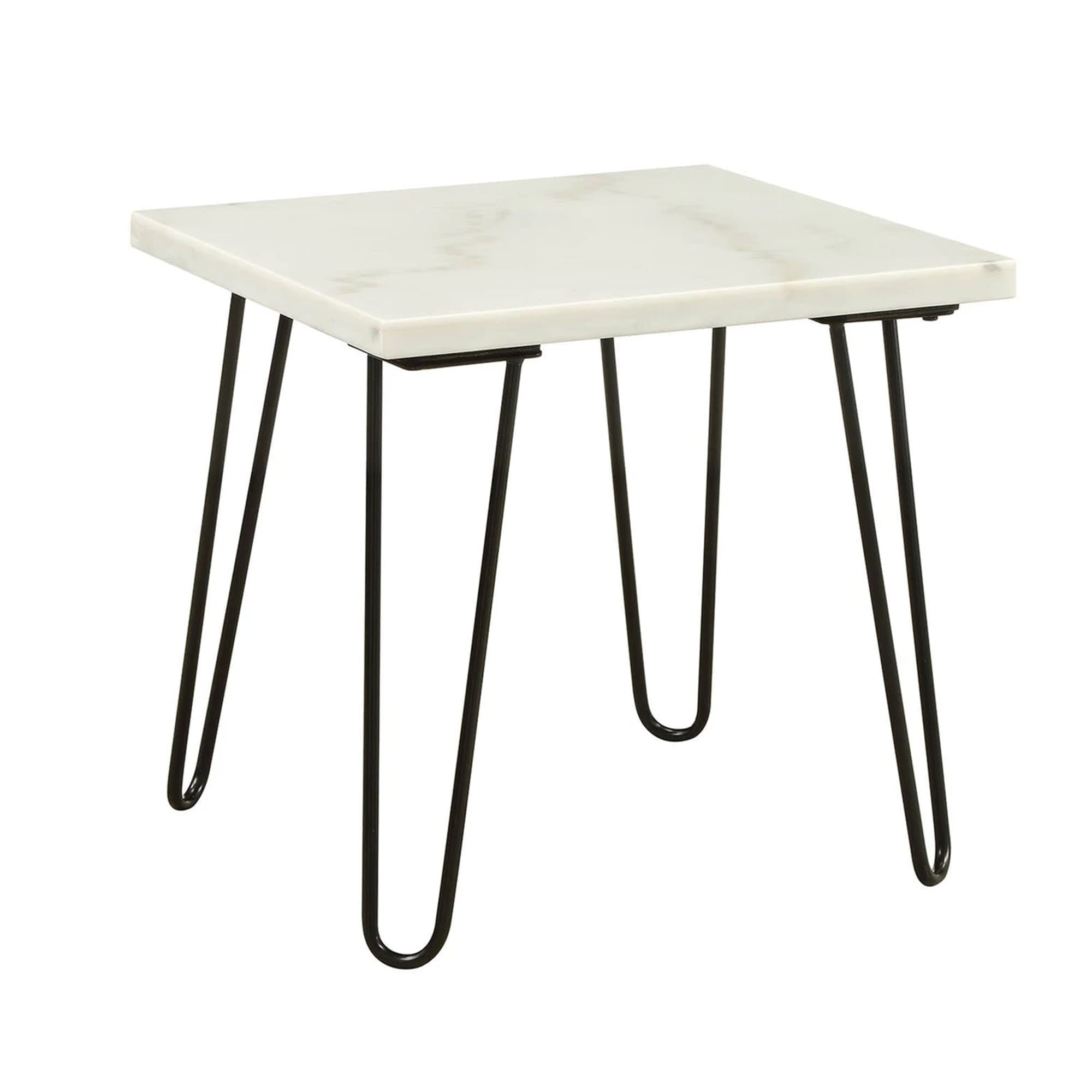 Marble Top End Table with Hairpin Style Metal Legs, White and Black