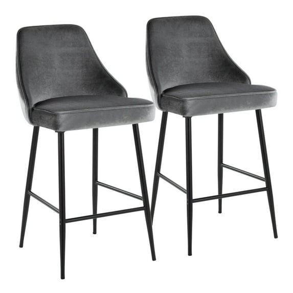 Marcel 25" Contemporary Fixed-Height Counter Stool In Black Metal And Blue Velvet - Set Of 2