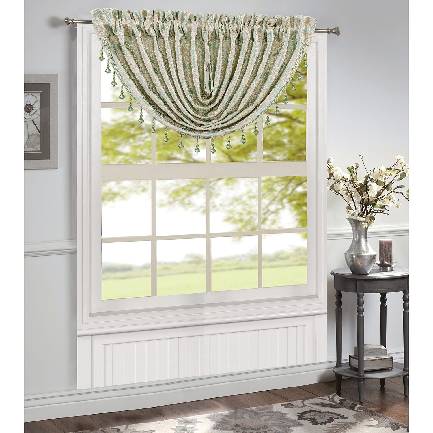 Margie Jacquard Rod Pocket Waterfall Window Valance with Beads, Sage, 48x37 Inches