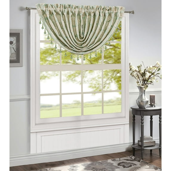 Margie Jacquard Rod Pocket Waterfall Window Valance with Beads, Sage, 48x37 Inches