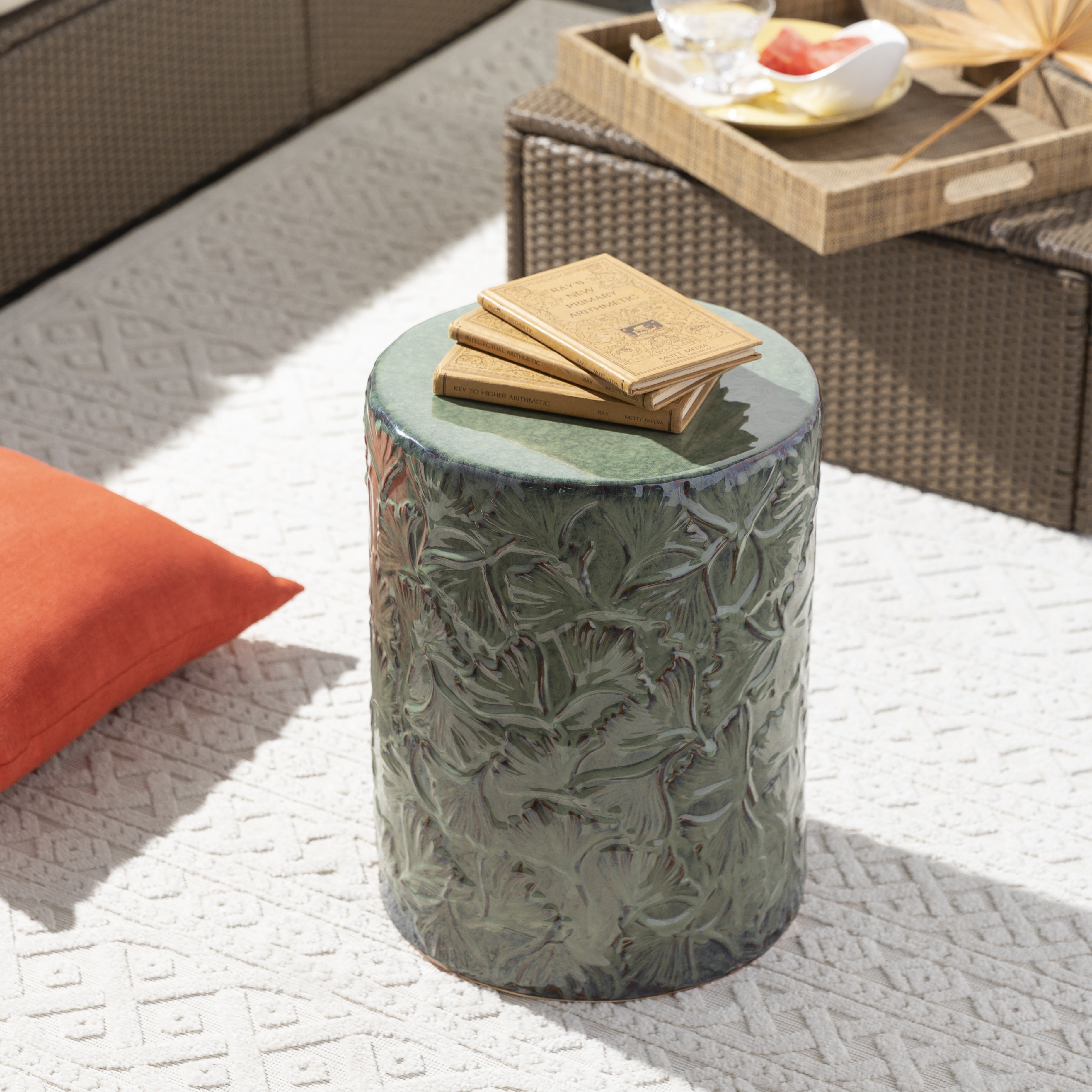 Mark&Day Garden Stools - Thurn Green Ceramic Decorative Garden Stool - Global Indoor Outdoor Chinoiserie Decor - Patio Garden Room Furniture Piece (18"H x 13"W x 13"D)