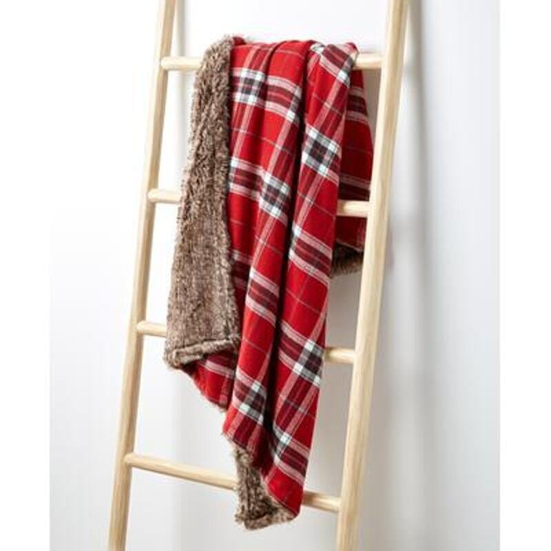 $130 Martha Stewart Collection Plaid Flannel Reverse to Faux Fur Throw, 50 X 60