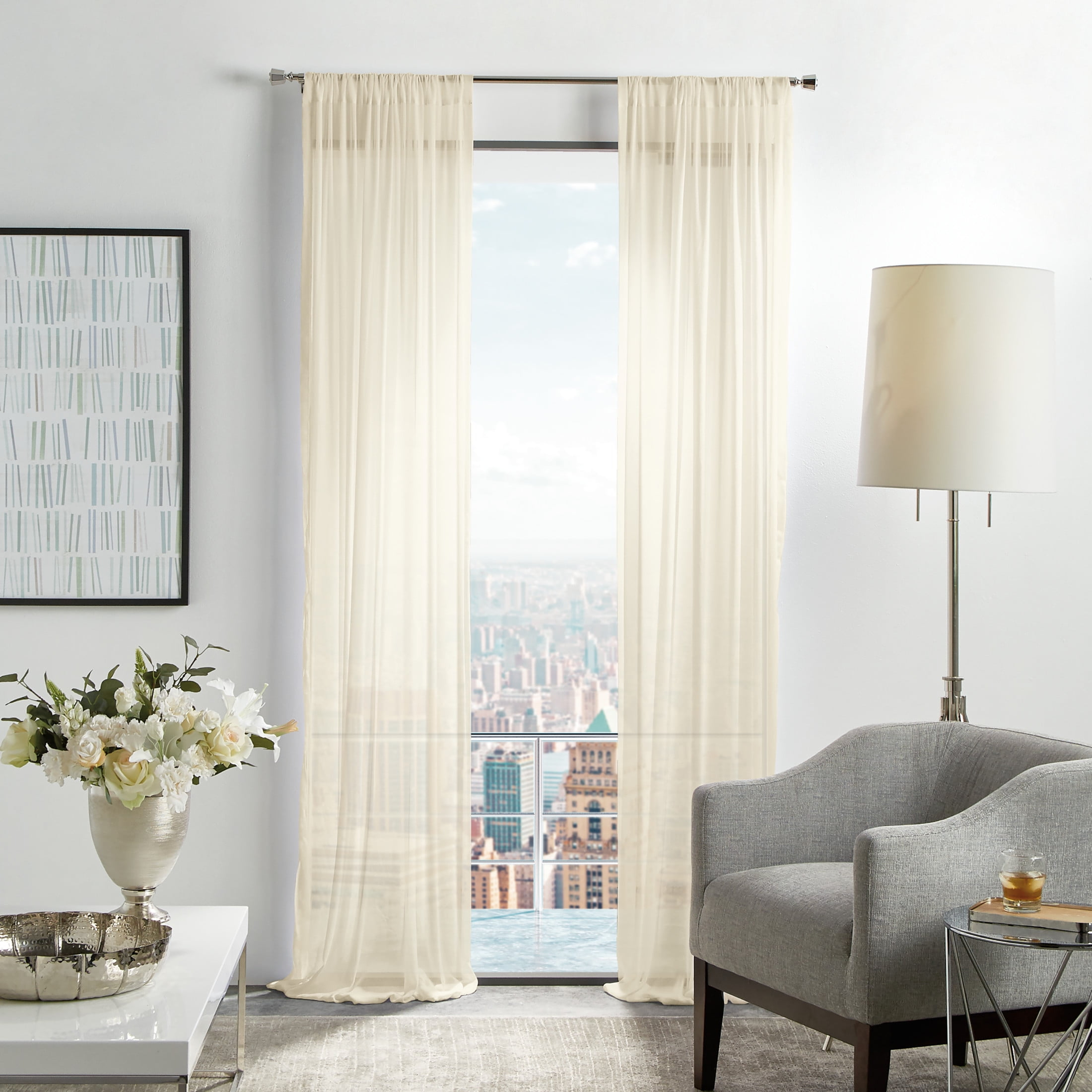 Martha Stewart Glacier Sheer Curtain Poletop, Ivory (Set of Two), 50" x 84", Adult