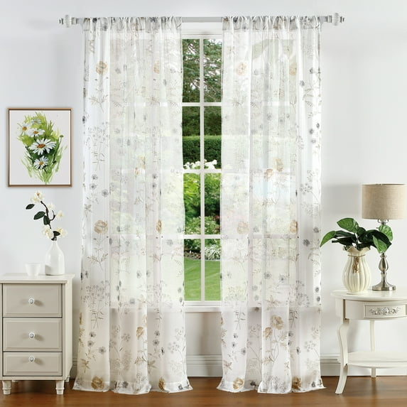 Martha Stewart Martha's Garden Print 37"x84", Semi Sheer Curtain, Panel Pair Poletop, Gold