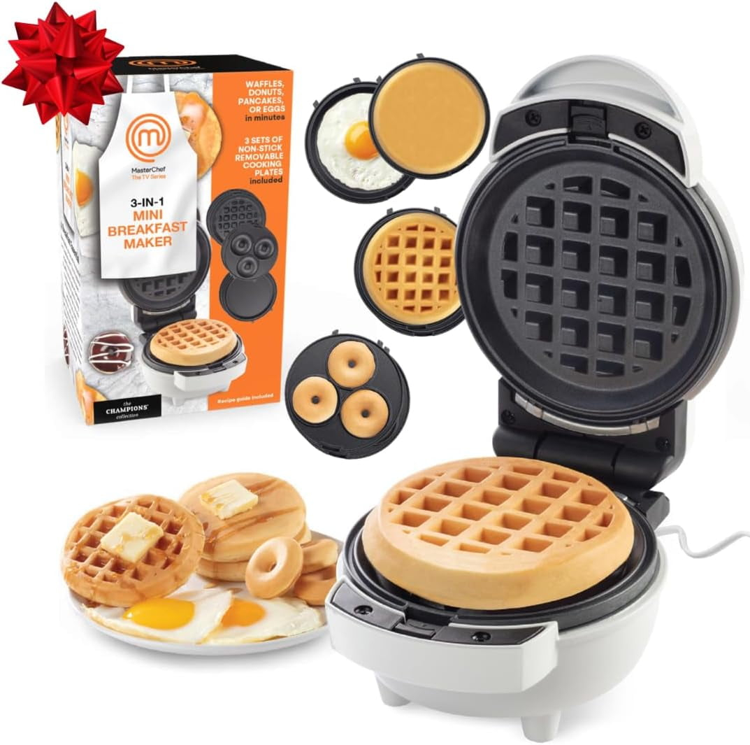 MasterChef 3-in-1 Mini Breakfast Maker- Make Eggs, Pancakes, Donuts, & Waffles and More in One Appliance! 3 Removable Non-Stick Cooking Plates for Easy Cleaning & Storing