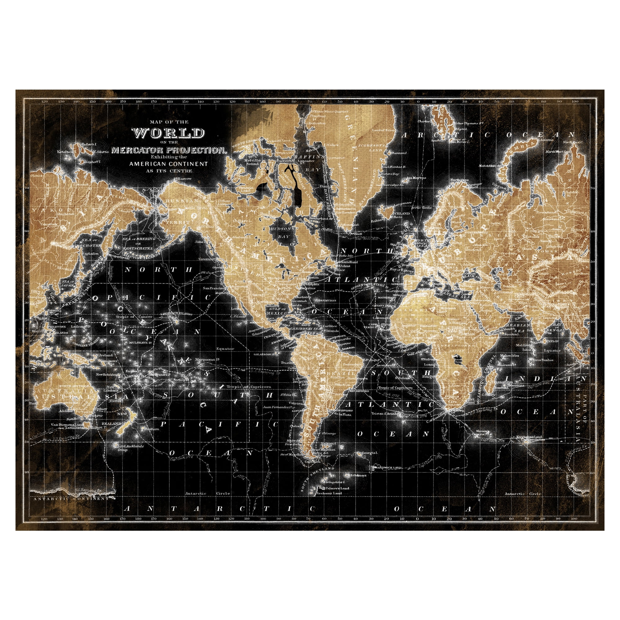 Masterpiece Art Gallery World Map On Black By Belle Maison Canvas Art Print 30" x 40"