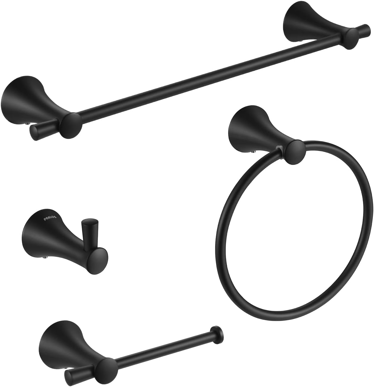 Matte Black 4-Pieces Brass Bathroom Hardware Accessory Set with Towel Bar, Towel Ring, Toilet Paper Holder and Robe Hook Includes