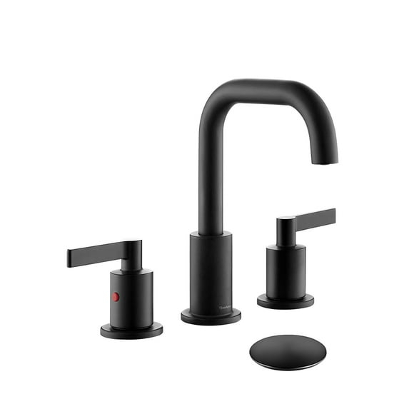 Matte Black 8 inch Widespread Bathroom Sink Faucet Vanity Lavatory Faucet for 3 Holes with Pop up Drain and 360 Degree Swivel Brass Spout