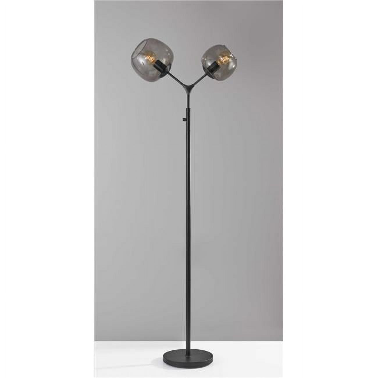 Matte Black Metal Floor Lamp with Two Smoked Glass Globe Shades and Vintage Edison Bulbs