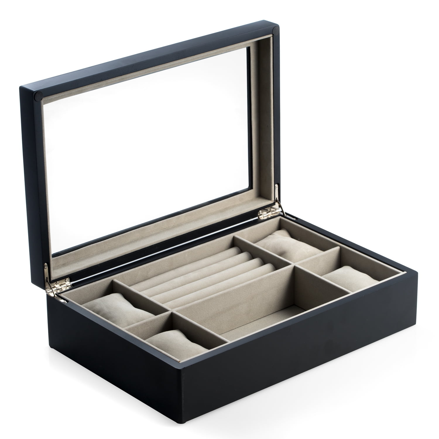 Matte Black Wood Valet and Watch Box with Glass Top and Soft Velour Lining. Slots for Rings and Cufflinks and 4 Watch Pillows.