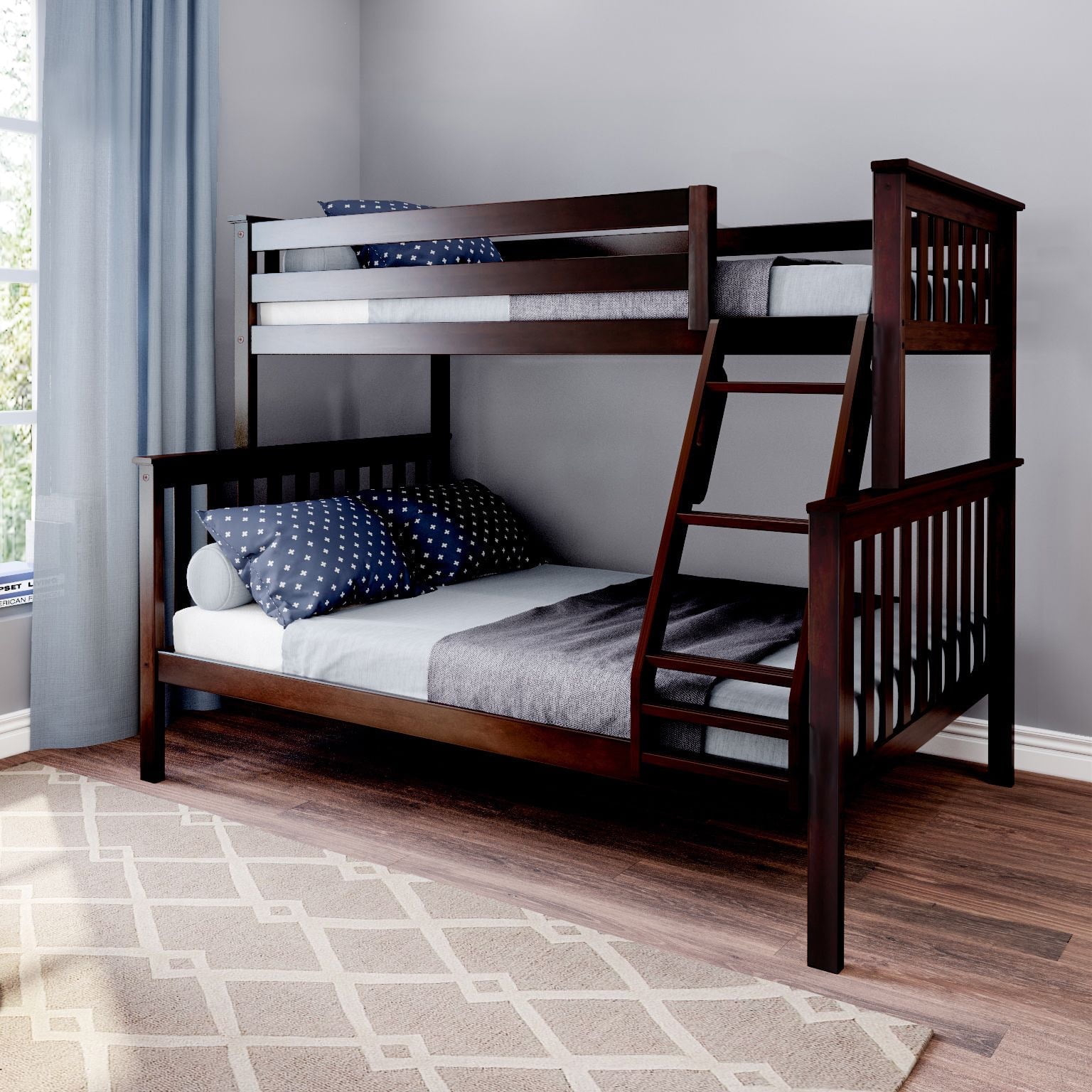 Max & Lily Bunk Bed Twin over Full Size, Solid Wood Bunk Beds with Ladder for Kids