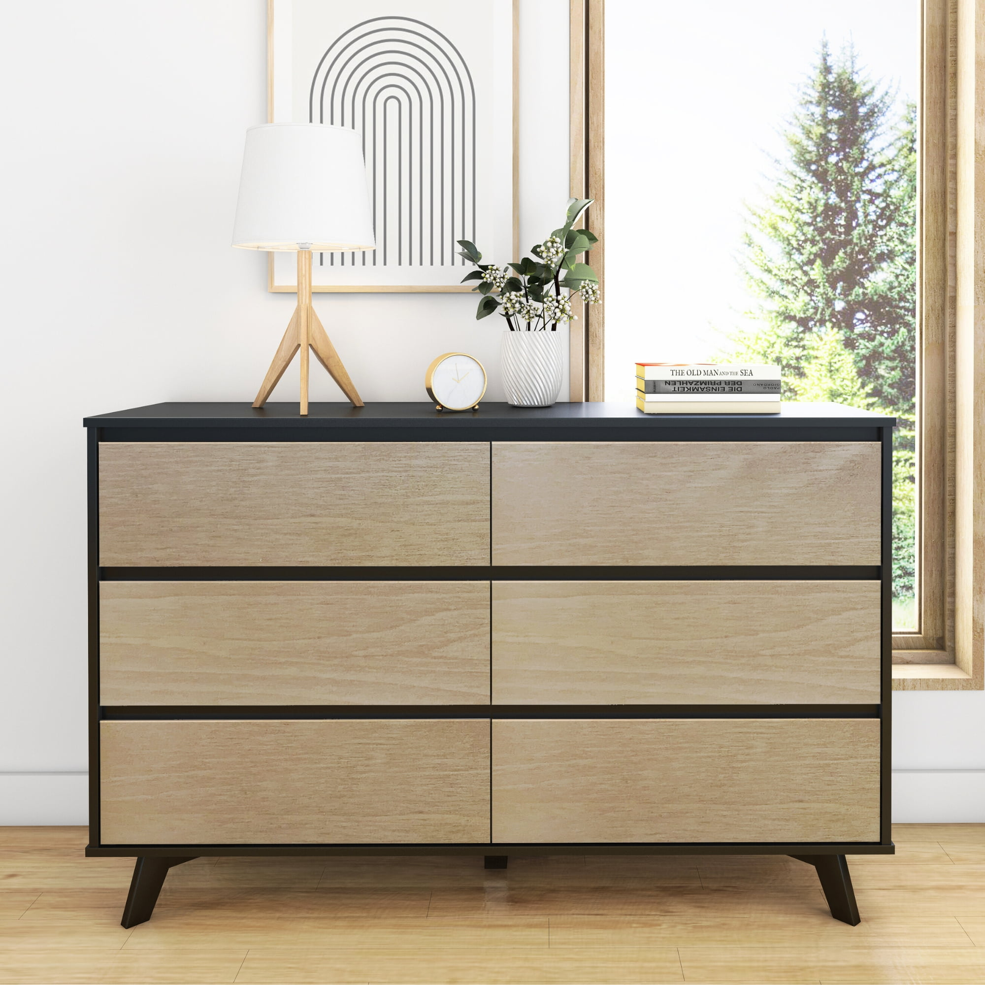 Max & Lily Solid Wood Scandinavian 6 Drawer Dresser, Black/Blonde