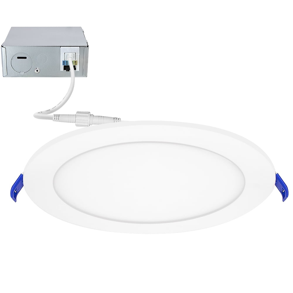 Maxxima 8 in. 5CCT Round Recessed LED Downlight, 1600 Lumens Slim Round Flat Panel Color Selectable 2700K-5000K (2700K/3000K/3500K/4000K/5000K), Dimmable, Canless IC Rated, White Trim, J-Box Included