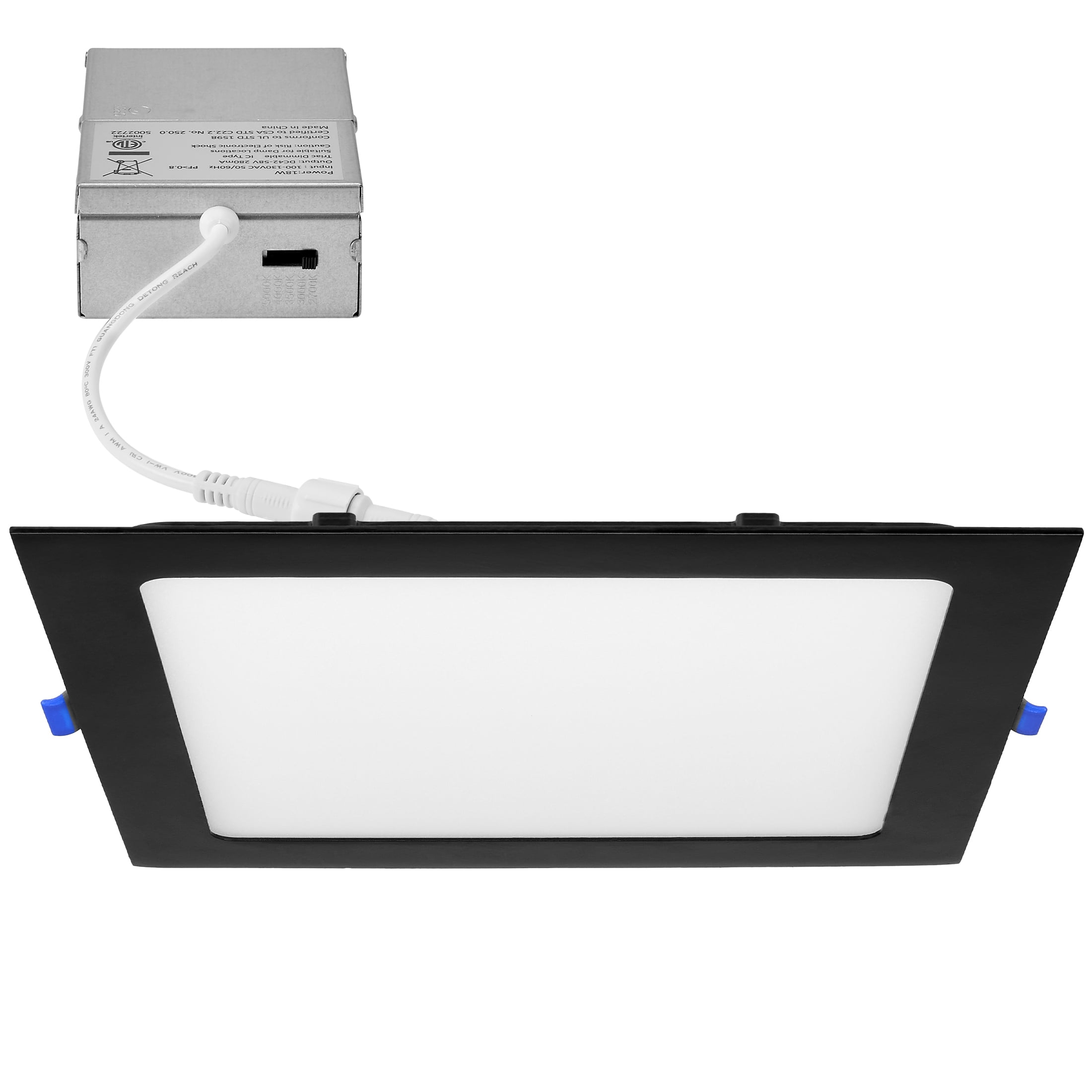 Maxxima 8 in. 5CCT Square Recessed LED Downlight, 1400 Lumens Slim Flat Panel Color Selectable 2700K/3000K/3500K/4000K/5000K, Dimmable, Canless IC Rated, Black Trim, J-Box Included