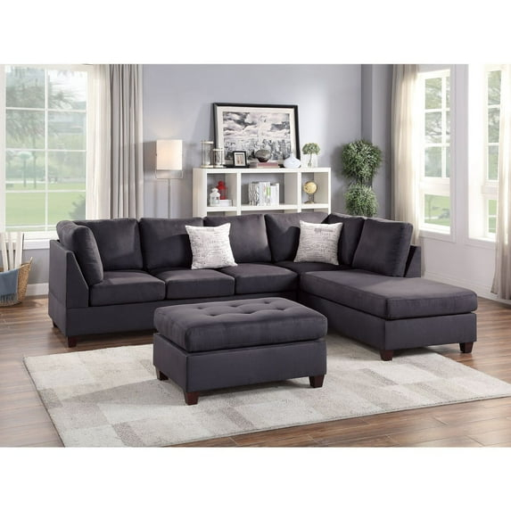 Poundex 3 Piece Fabric Sectional Sofa Set with Ottoman in Ebony Gray