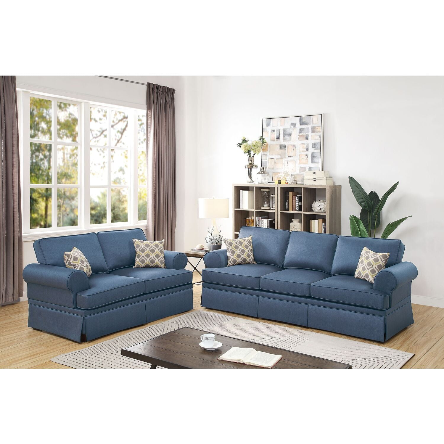 Fabric Loveseat Sofa Set - 2 Piece Living Room Furniture - Modern Design - Blue Finish