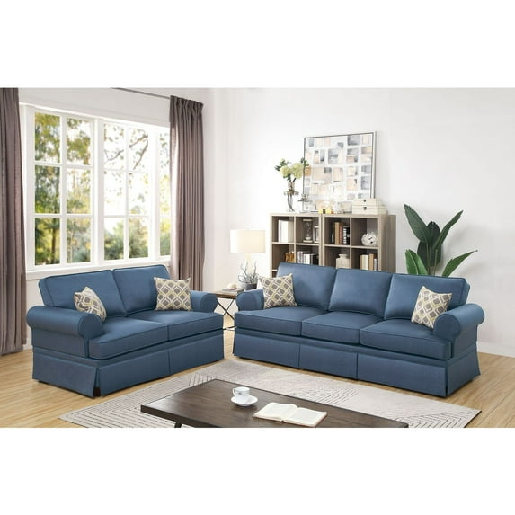 Fabric Loveseat Sofa Set - 2 Piece Living Room Furniture - Modern Design - Blue Finish