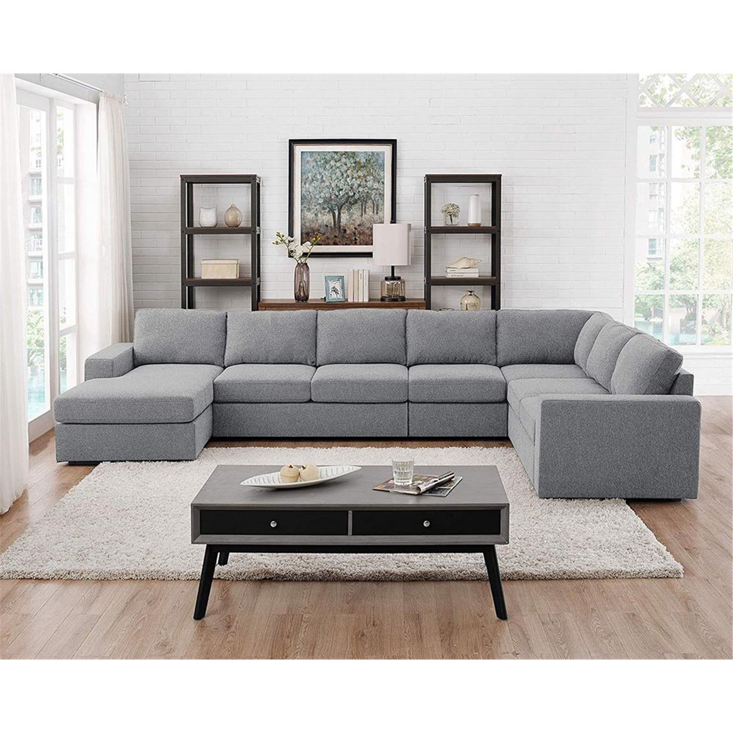 Ergode Tifton Light Gray Linen 7 Seat Reversible Modular Sectional Sofa Chaise