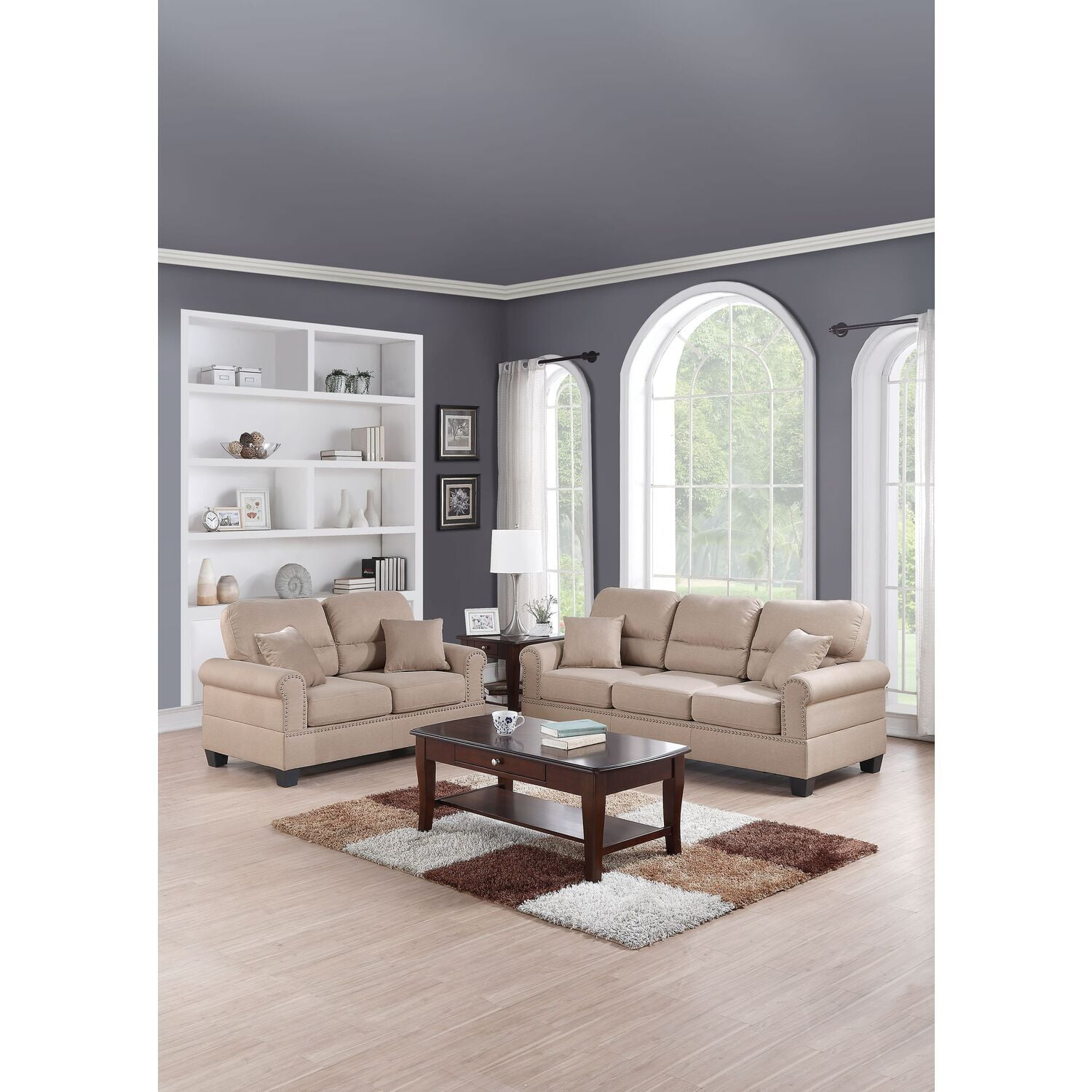 Poundex Furniture 2 Piece Fabric Sofa and Loveseat Set in Sand Tan Color