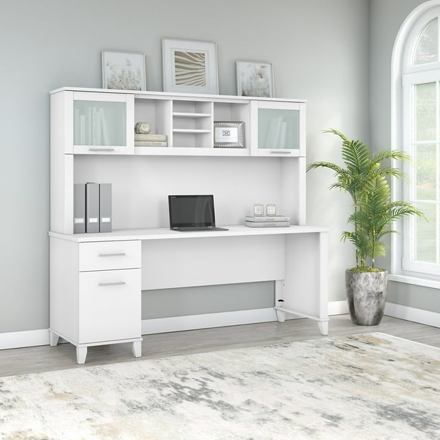 Somerset 72W Office Desk with Drawers and Hutch in White - Engineered Wood
