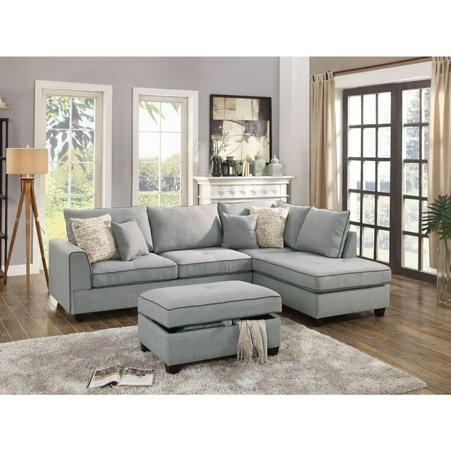 Bobkona Rianne Dorris Reversible Sectional with Storage Ottoman set in Light Grey.