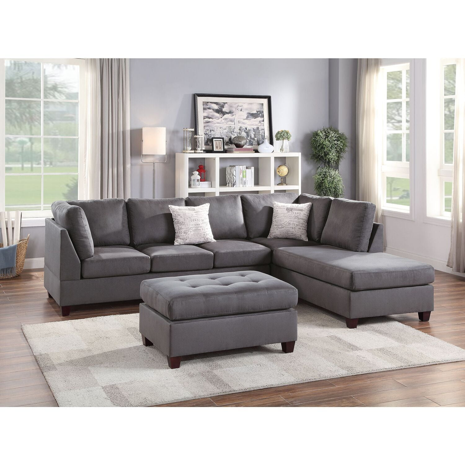 Poundex 3 Piece Fabric Sectional Sofa Set with Ottoman in Gray