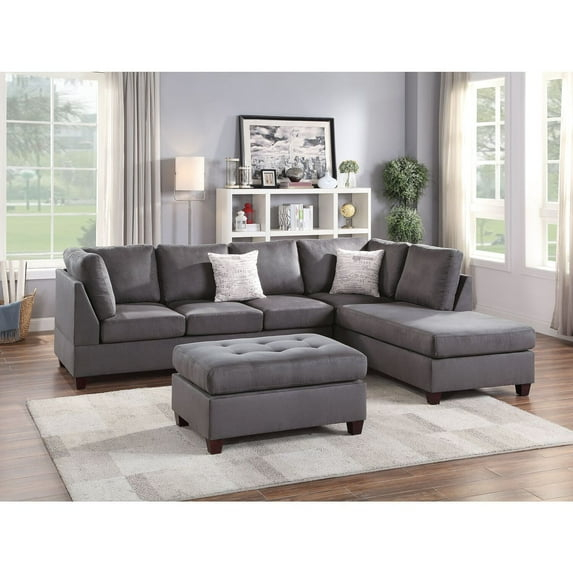 Poundex 3 Piece Fabric Sectional Sofa Set with Ottoman in Gray