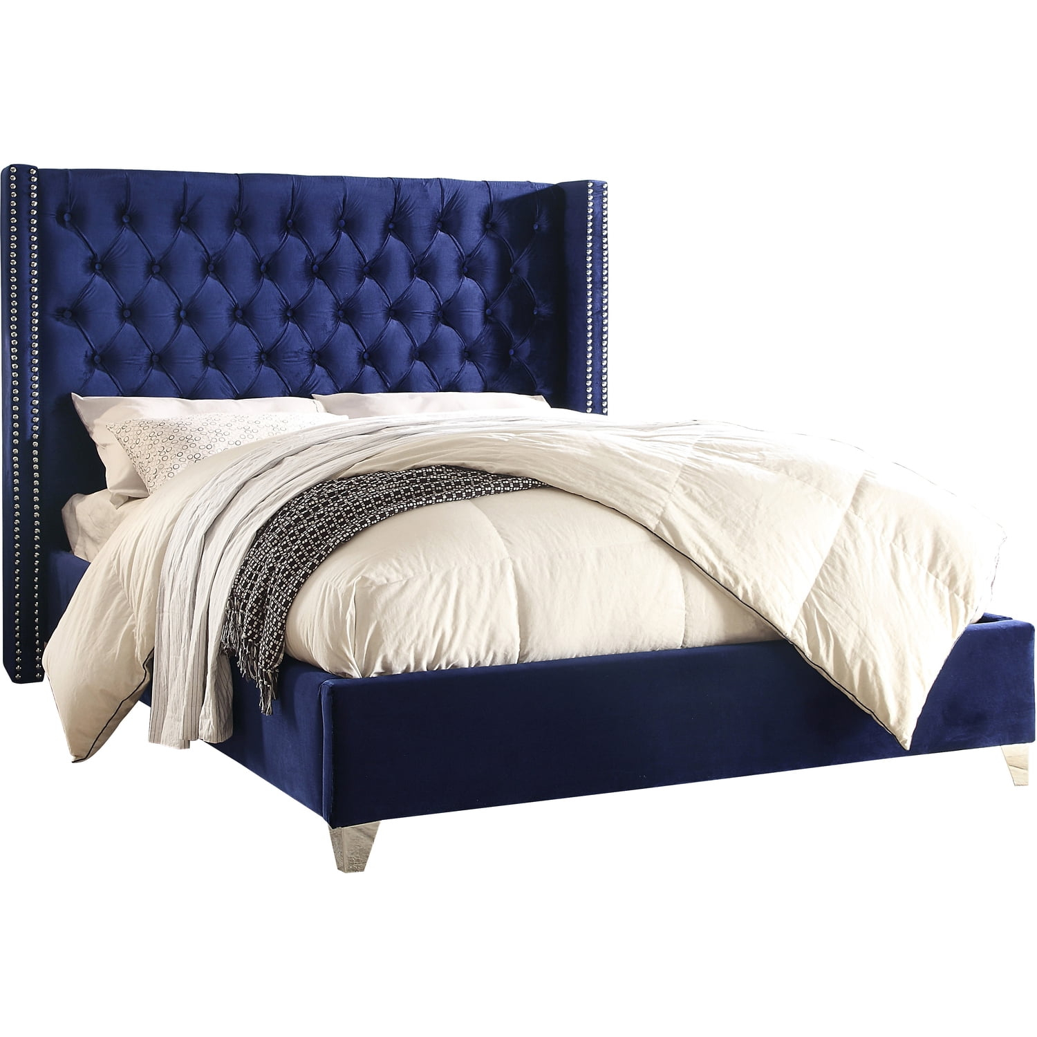 Meridian Furniture Aiden Velvet Queen Bed-Color:Navy Velvet,Style:Contemporary