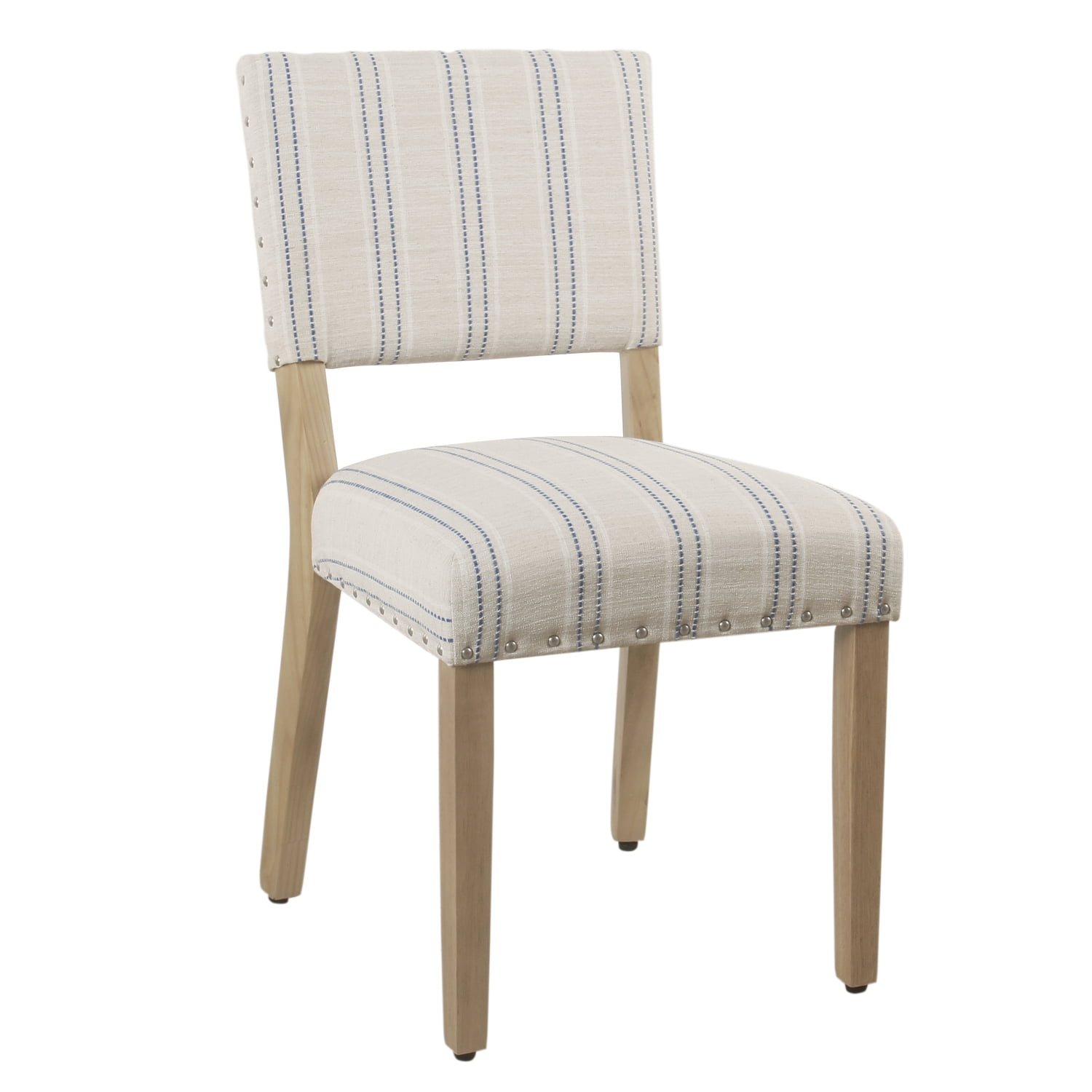 Wooden Dining Chair with Striped Pattern Fabric Cushioned Seat, Blue & White - Set of 2