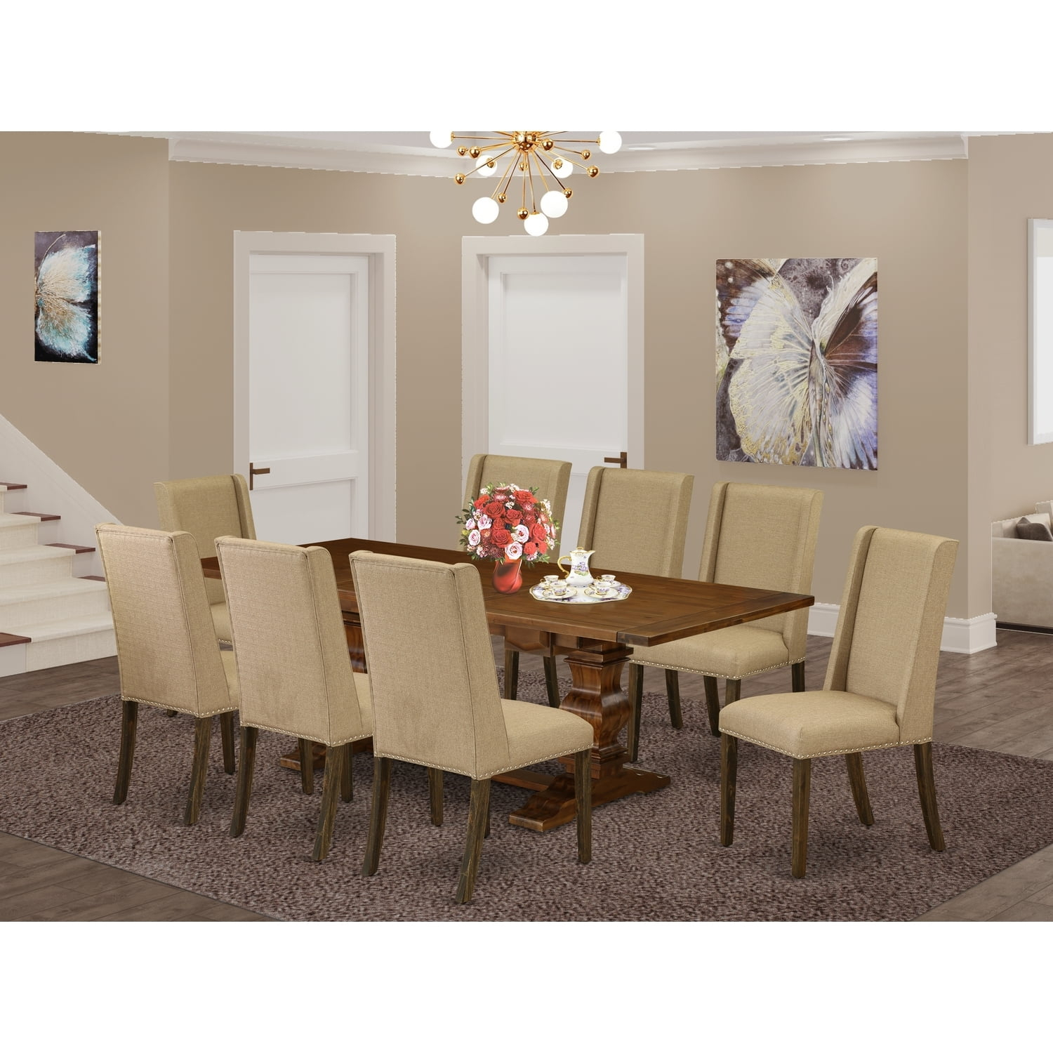 Maykoosh Vintage Visions 9-Piece Dining Set With ChairS Legs And Dark Khaki Linen Fabric Dining Room Chairs Set Of 8 And Wooden Table - Antique Walnut And Distressed Jacobean Finish