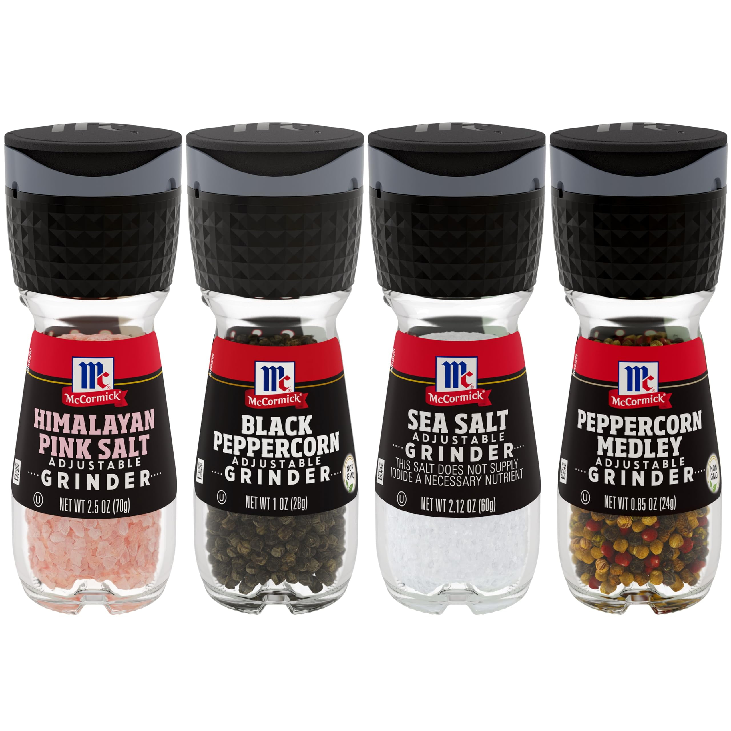 Mccormick Salt & Pepper Grinder Variety Pack (Himalayan Pink Salt, Sea Salt, Black Peppercorn, Peppercorn Medley), 0.05 Lb
