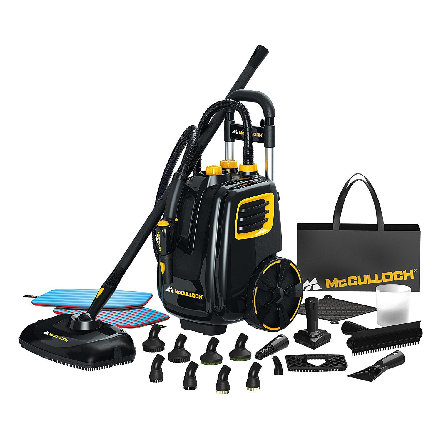 McCulloch MC1385 Deluxe Canister Steam Cleaner, 2-Hour Runtime, Chemical-Free, 23 Accessories: Mop Head, Brushes & More