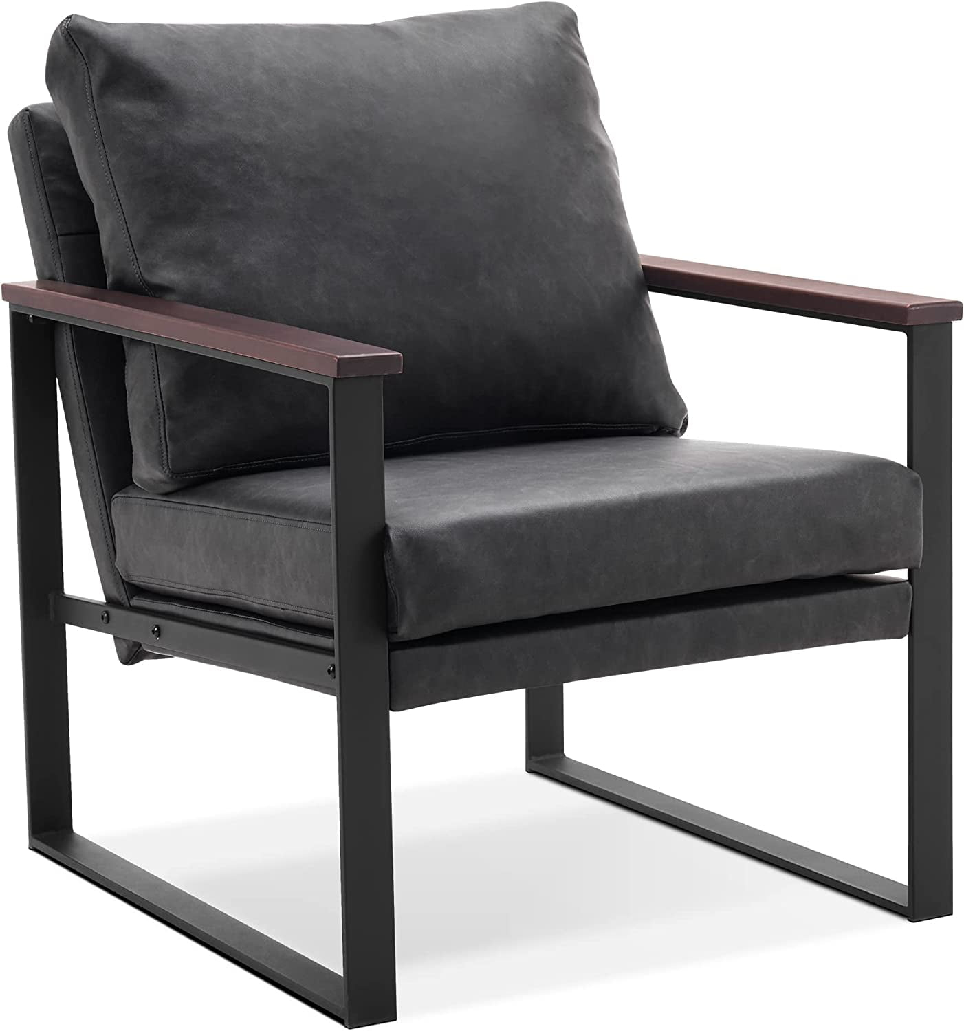 MCombo Modern Accent Chair, Armchair with Upholstered Cushion for Living Room Bedroom,  Faux Leather(Dark Grey)