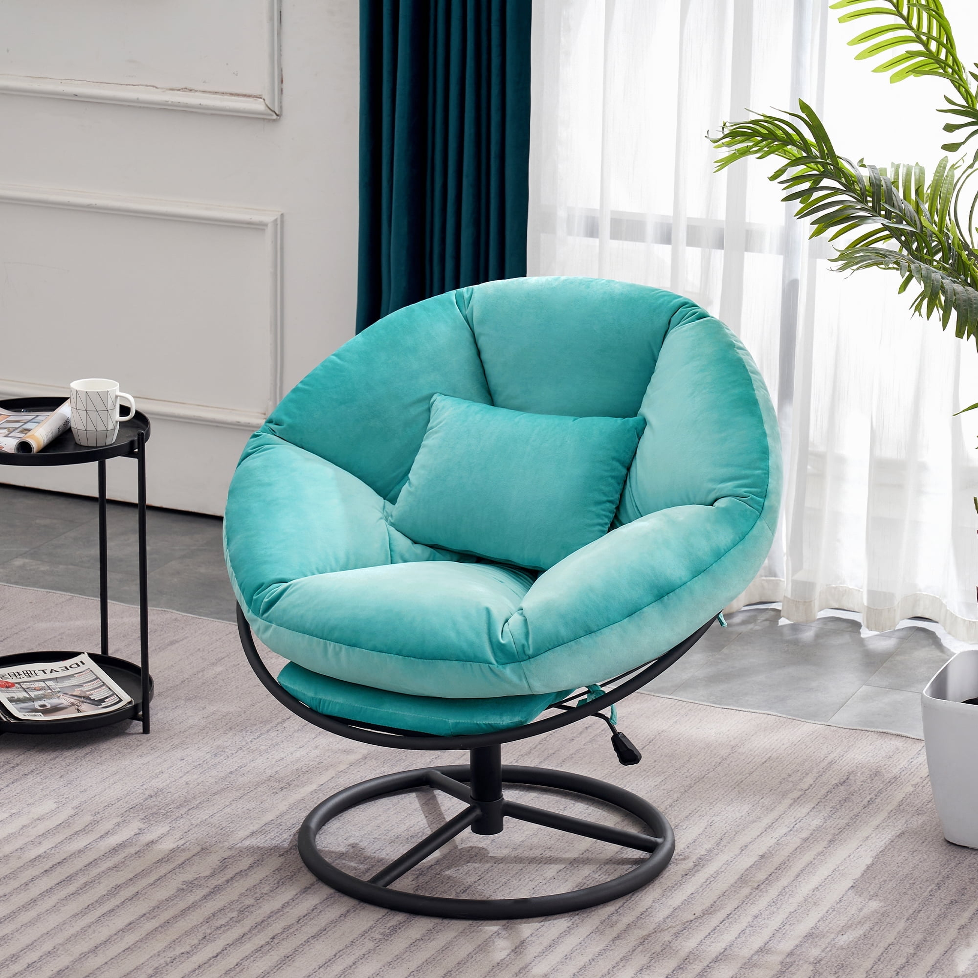 Mcombo Swivel Papasan Chairs, Gas Lift Cozy Chair with Height Adjustment, Velvet Rocking Saucer Chair for Living Room Bedroom HQ405(Light Green)