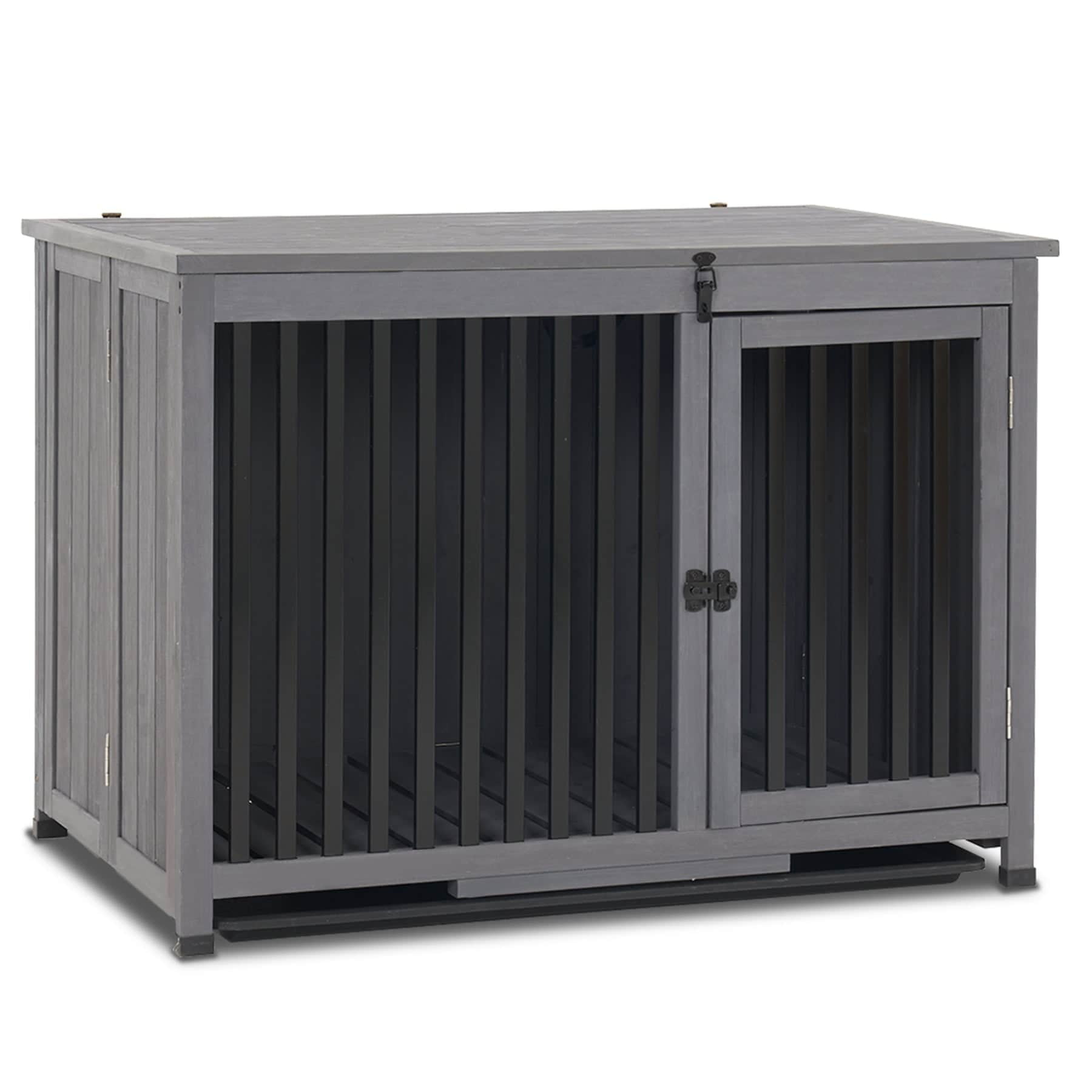 Mcombo Wooden Dog Crate Furniture End Table with Door, No Assembly Portable Foldable Pet Crate Dog Kennel Indoor with Removable Tray (Large, Grey), 0650