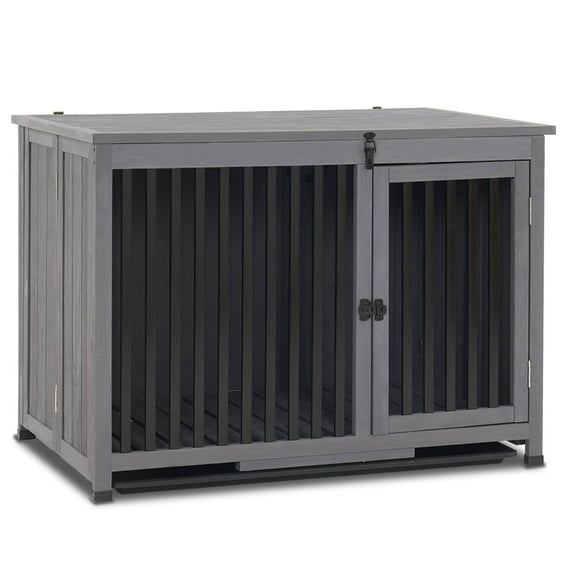 Mcombo Wooden Dog Crate Furniture End Table with Door, No Assembly Portable Foldable Pet Crate Dog Kennel Indoor with Removable Tray (Large, Grey), 0650