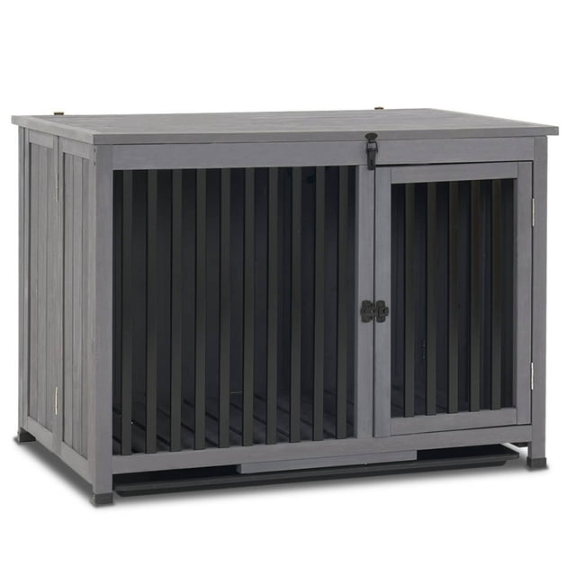 Mcombo Wooden Dog Crate Furniture End Table with Door, No Assembly Portable Foldable Pet Crate Dog Kennel Indoor with Removable Tray (Large, Grey), 0650