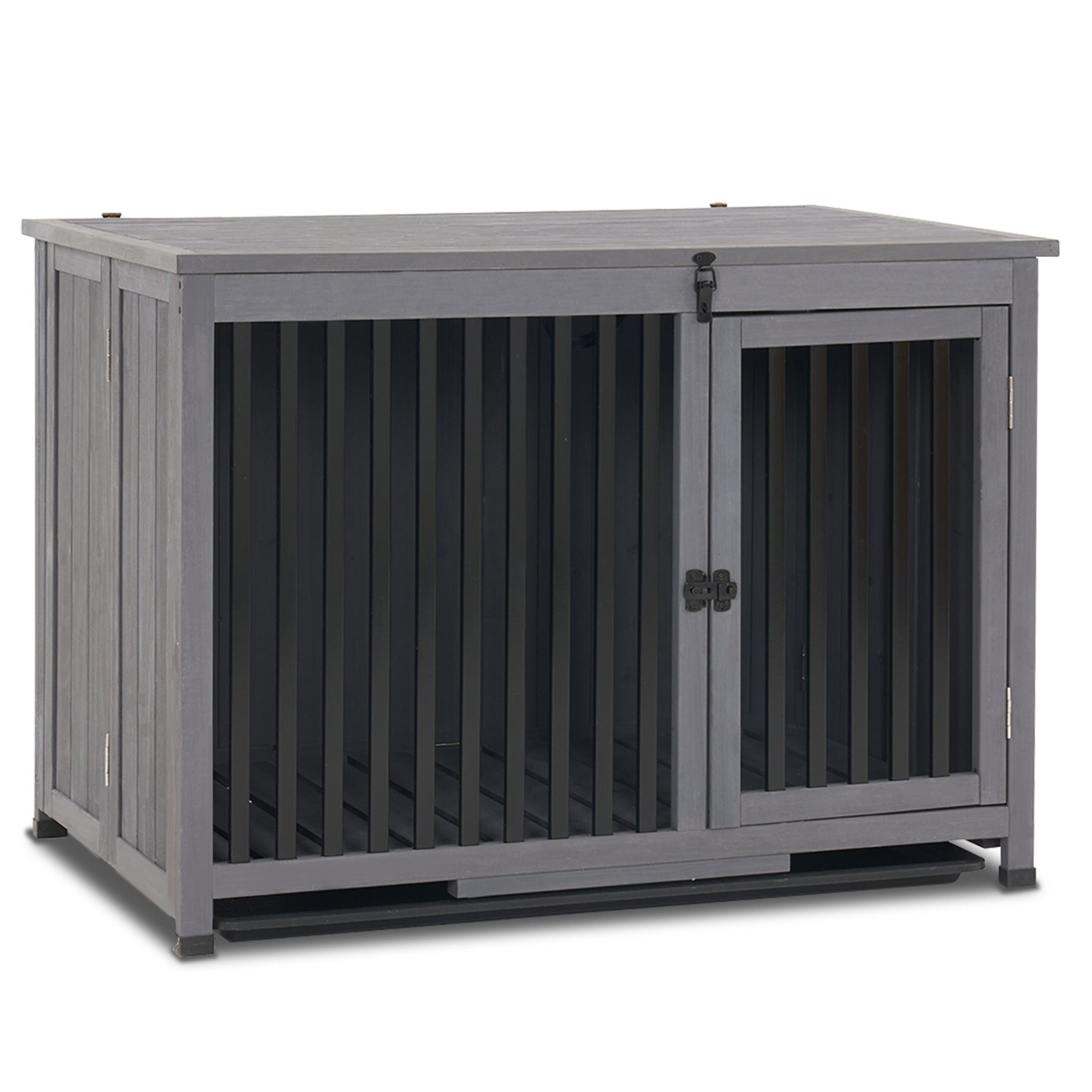 Mcombo Wooden Dog Crate Furniture End Table with Door, No Assembly Portable Foldable Pet Crate Dog Kennel Indoor with Removable Tray (Large, Grey), 0650