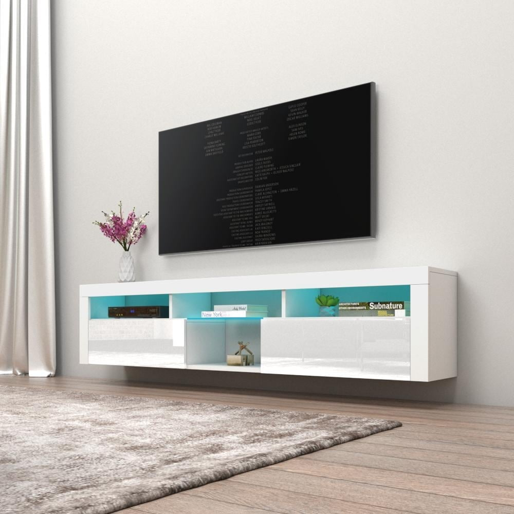 Meble Furniture Bari 200 Wall Mounted Floating 79" TV Stand with 16 Color LEDs White